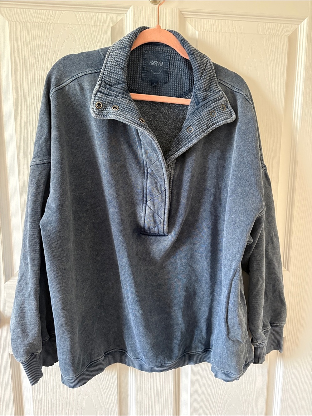 aerie women’s Washed Blue Quarter-snap Sweatshirt and Yellow V-neck sweatshirt - Picture 7 of 9